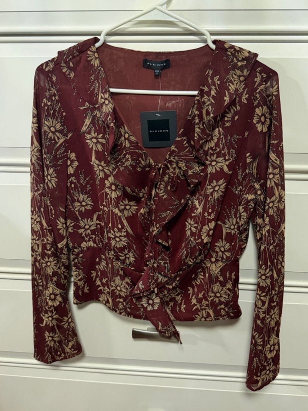 Pleione Burgundy and Cream Floral Ruffle Tie Blouse